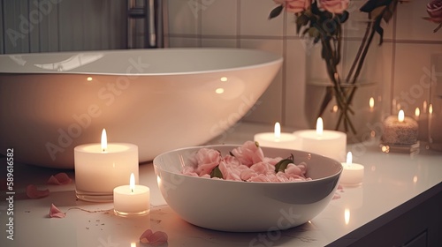 Elegant white bathroom interior with candles. Generative AI