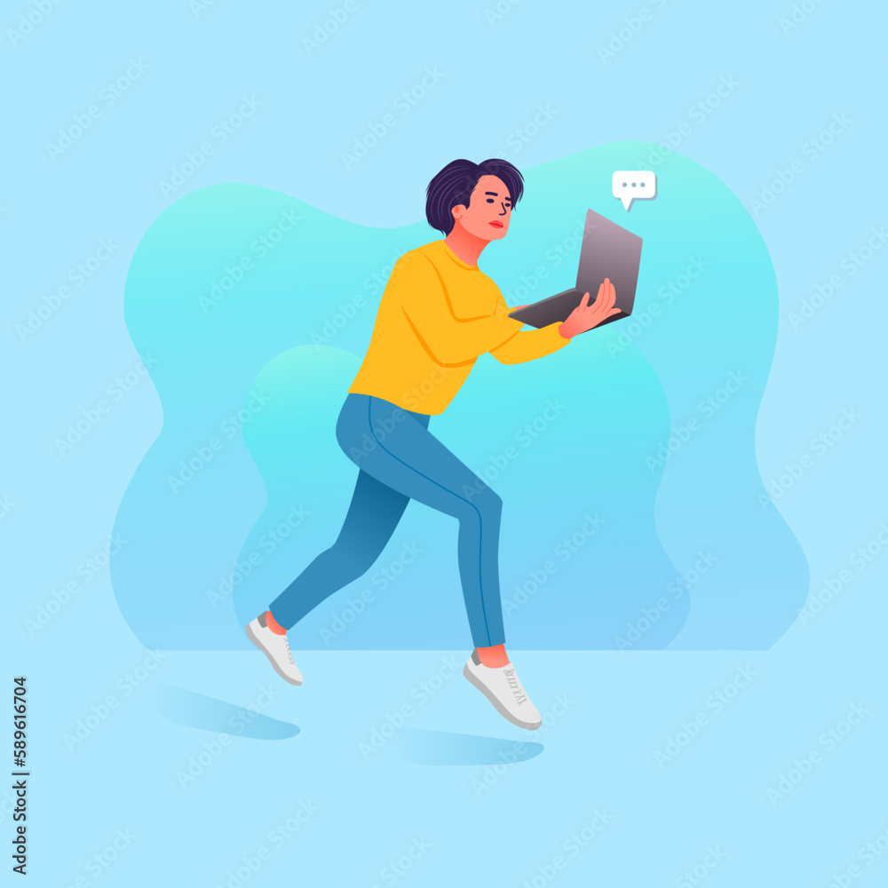 Vector woman jumping with laptop illustration Vector woman jumping with laptop illustration