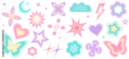 Y2k blurred gradient unfocused set. Abstract geometric shapes in trendy retro style.