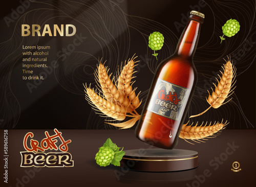 Craft wheat beer bottle with green hops on a dark background in 3d illustration