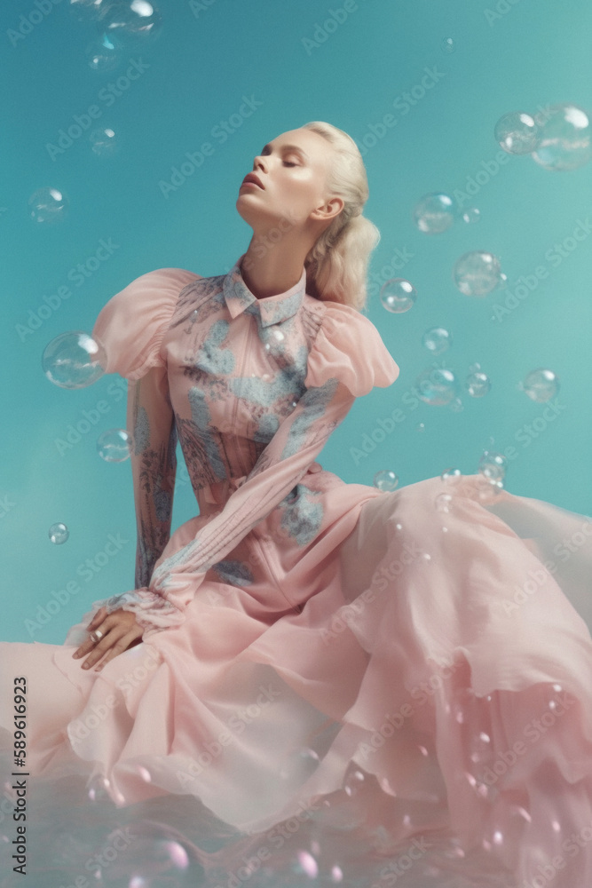 Tender sweet portrait of a young beautiful girl with blonde hair, beauty posing as a model. Summer pastel fashion outfit. Generative AI. Tender sweet portrait of a young beautiful girl with blonde hair, beauty posing as a model. Summer pastel fashion outfit. Generative AI.
