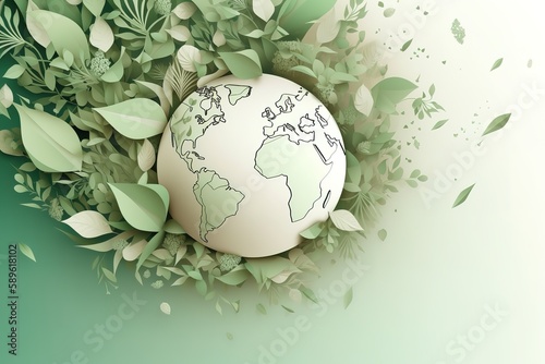 Ecology concept Green earth, Green leaf paper art white background, Vector. Generative AI