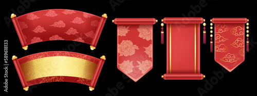 3D Chinese scroll set, festive banner kit, red vector royal asian game UI traditional design element. Luxury celebration China background, spring floral print, silk banner. Chinese scroll collection