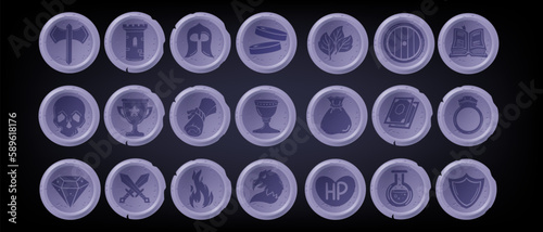 RPG game icon set, UI pictogram kit, fantasy mobile app collection, vector health heal sign. Dungeon dragon entertainment concept, skill award, knight sword, magician potion. RPG icon, warrior weapon