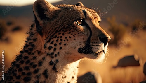 Cheetah Portrait in the morning sun in savannah. Generative AI.