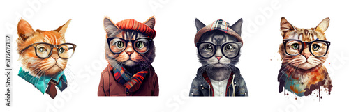 Cat set in stylish clothes and glasses in a watercolor style on a white background. Cartoon cat scientist. Stylish smart cat character. Cats. Ideal for postcard, book, poster, banner. Vector