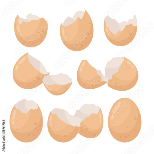 Eggshell icons set. Farm chicken eggs are broken. Broken eggs with pieces of eggshell. Broken fragile egg in incubator vector set. Divided shell with trash, culinary ingredient.