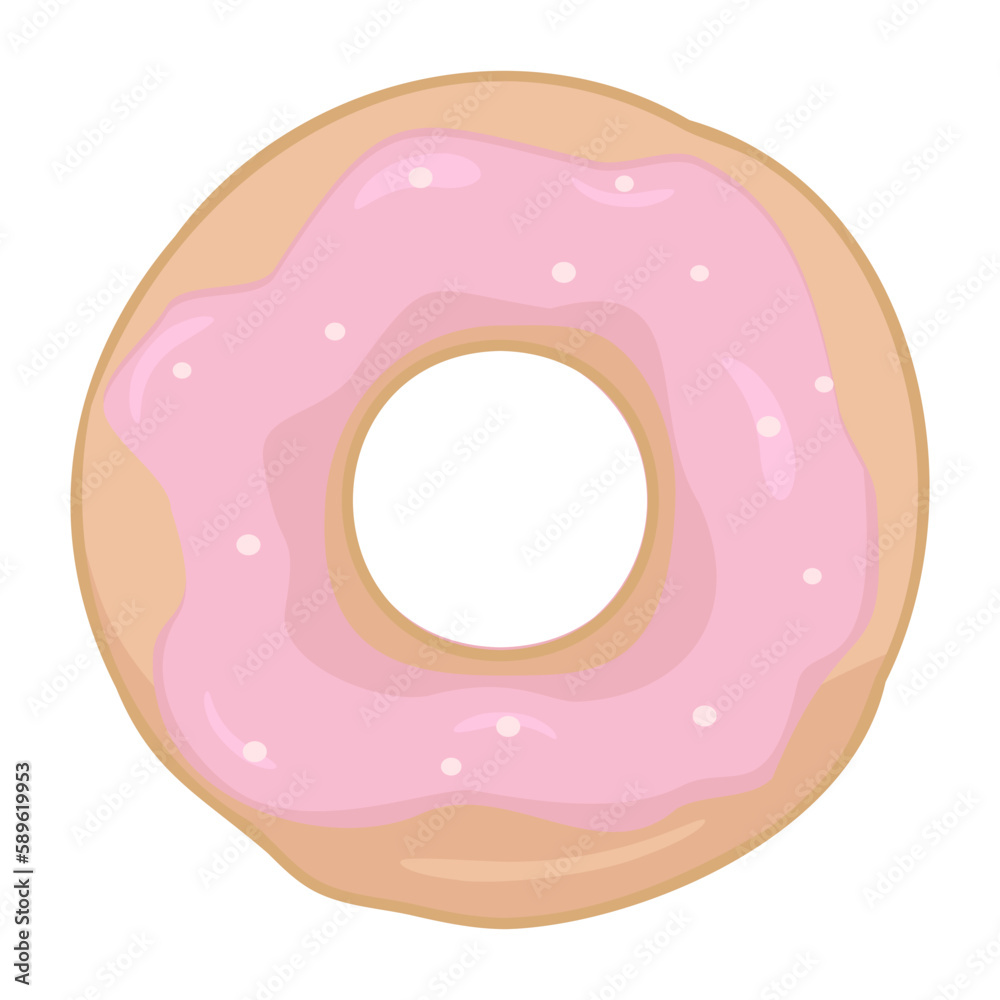 Delicious cartoon style drawing fresh donut with strawberry icing, caramel hearts in retro style, decor element, wallpaper, cards, greetings, textiles, banners Delicious cartoon style drawing fresh donut with strawberry icing, caramel hearts in retro style, decor element, wallpaper, cards, greetings, textiles, banners