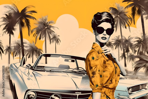 60s retro style fashion woman wearing clothing. Travel collage with retro cars.