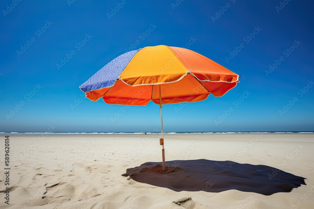 Beach umbrella in the sand. Generative AI.