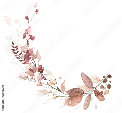 Watercolor floral  on white. Red, burgundy, brown autumn wild flowers, eucalyptus branches, leaves and twigs. Cut out hand drawn PNG  on transparent background. Isolated clipart.