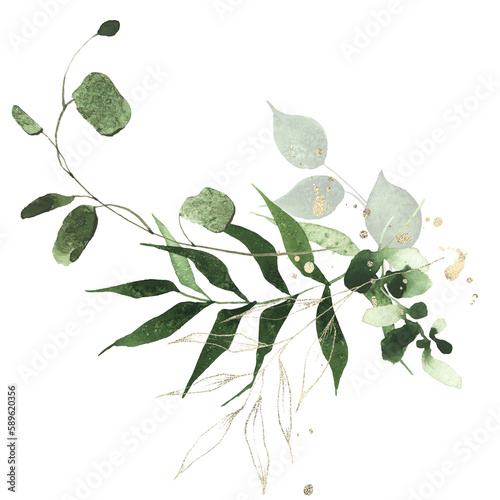 Watercolor painted greenery arrangement. Green wild plants, branches, leaves and twigs and golden lines. Cut out hand drawn PNG illustration on transparent background. Isolated clipart.