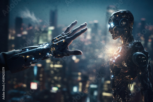 Humanoid Robot in Futuristic Technological Metropolis