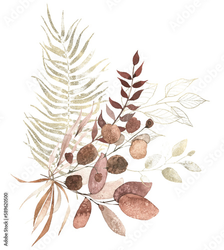 Watercolor floral arrangement. Orange  red and golden dust autumn and exotic eucalyptus  palm branch  leaves and twigs. Cut out hand drawn PNG illustration on transparent background. Isolated clipart.