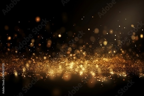 Golden Glitter on Black Background with Metallic Particles and Glittering Blur