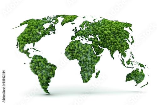 Green World Map love concept - 3D tree or forest shape of world map isolated on white background World Map Green Planet Earth Day. Generative AI