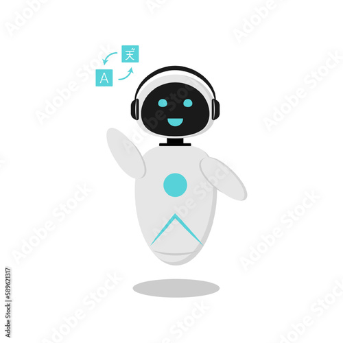 Illustration of a sticker with a robot that translates. A robot with artificial intelligence to communicate in a chat bot. The design is minimalistic in flat style.