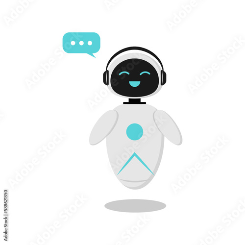 Illustration of a sticker with a happy robot who wants to communicate. A robot with artificial intelligence to communicate in a chat bot. The design is minimalistic in flat style.