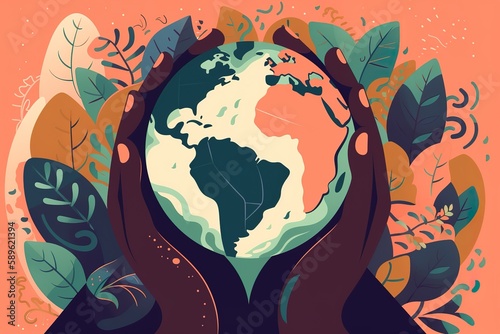 Happy earth day African hands holding globe  earth Earth day concept Modern cartoon flat style illustration. Generative AI