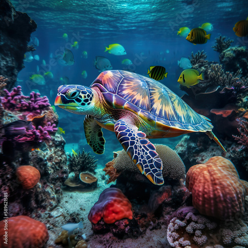  turtle swimming under water surface, coral background