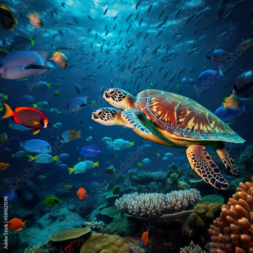  turtle swimming with fishes, coral background