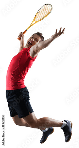 Male tennis player jumping and screaming with racket on white background © BillionPhotos.com