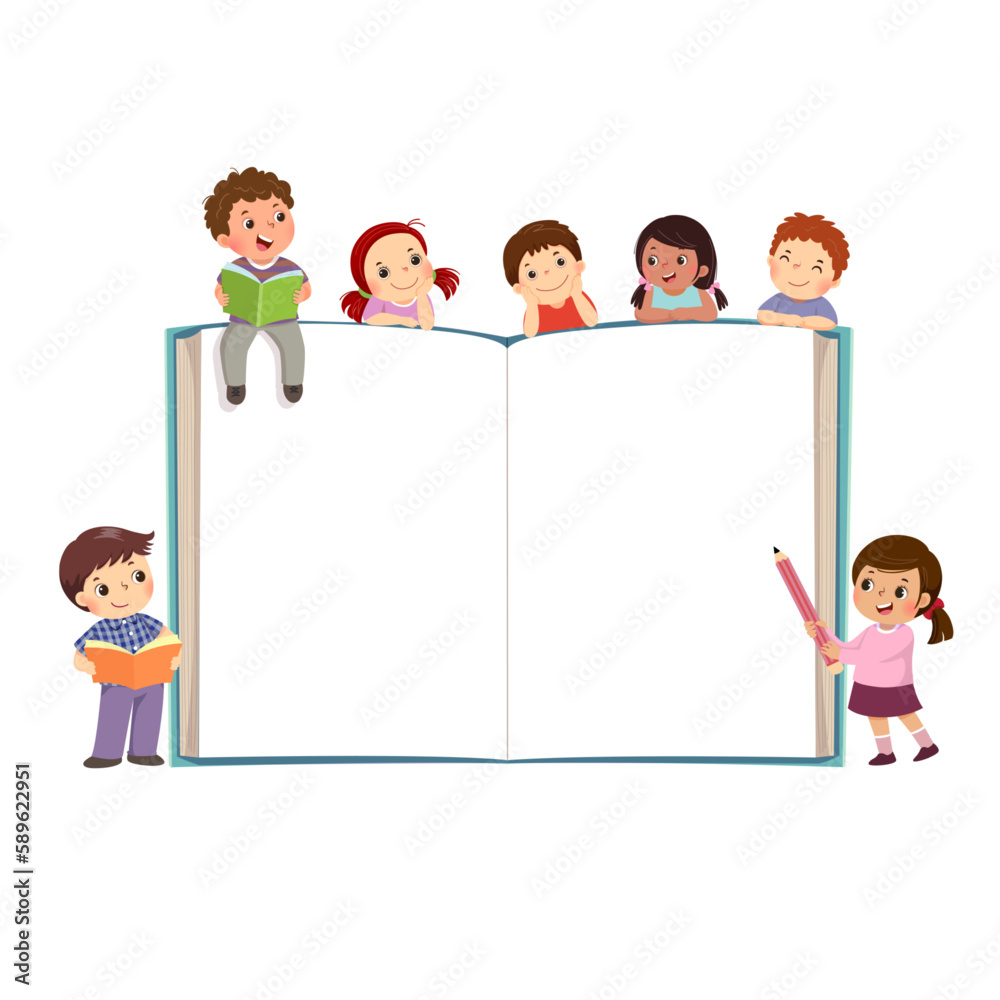 Vector cartoon kids with opened book background Stock Vector | Adobe Stock