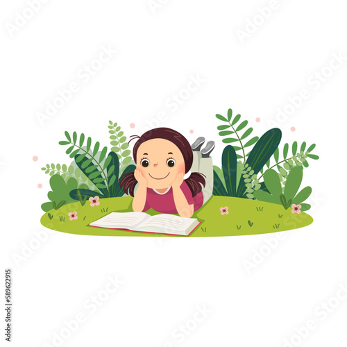 Vector cartoon girl lying on the grass and reading book