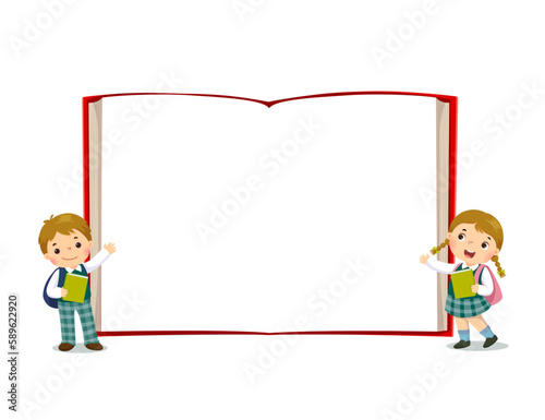 Vector cartoon kids in school uniform with opened book background