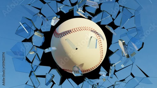 Baseball Ball Breaking Glass, shattered glasses flying on air. 4K Slow motion video in black, green and matte background.