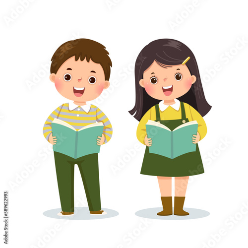 Vector illustration cartoon of a little boy and girl reading books