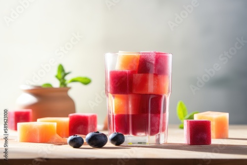 Dissolvable smoothie drink made from frozen compressed fruit cubes. AI Generated.