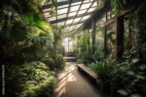 Biophilic design garden interior with a lot of greenery plants in orangery. AI Generated.