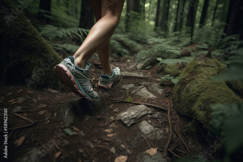 Woman's Trail Running Shoes on Narrow Winding Forest Path