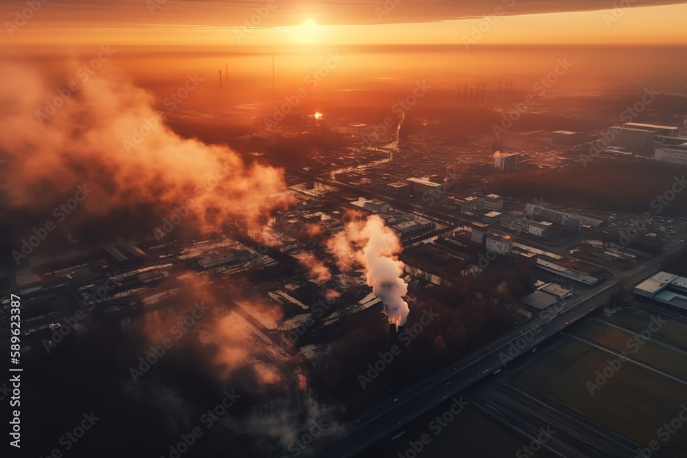 Industry metallurgical plant dawn smoke smog emissions bad ecology aerial photography. Generative AI