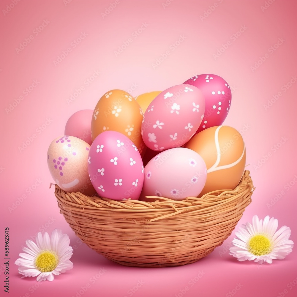 Multi-colored eggs in a wicker basket on a plain background. Easter eggs. AI generated image