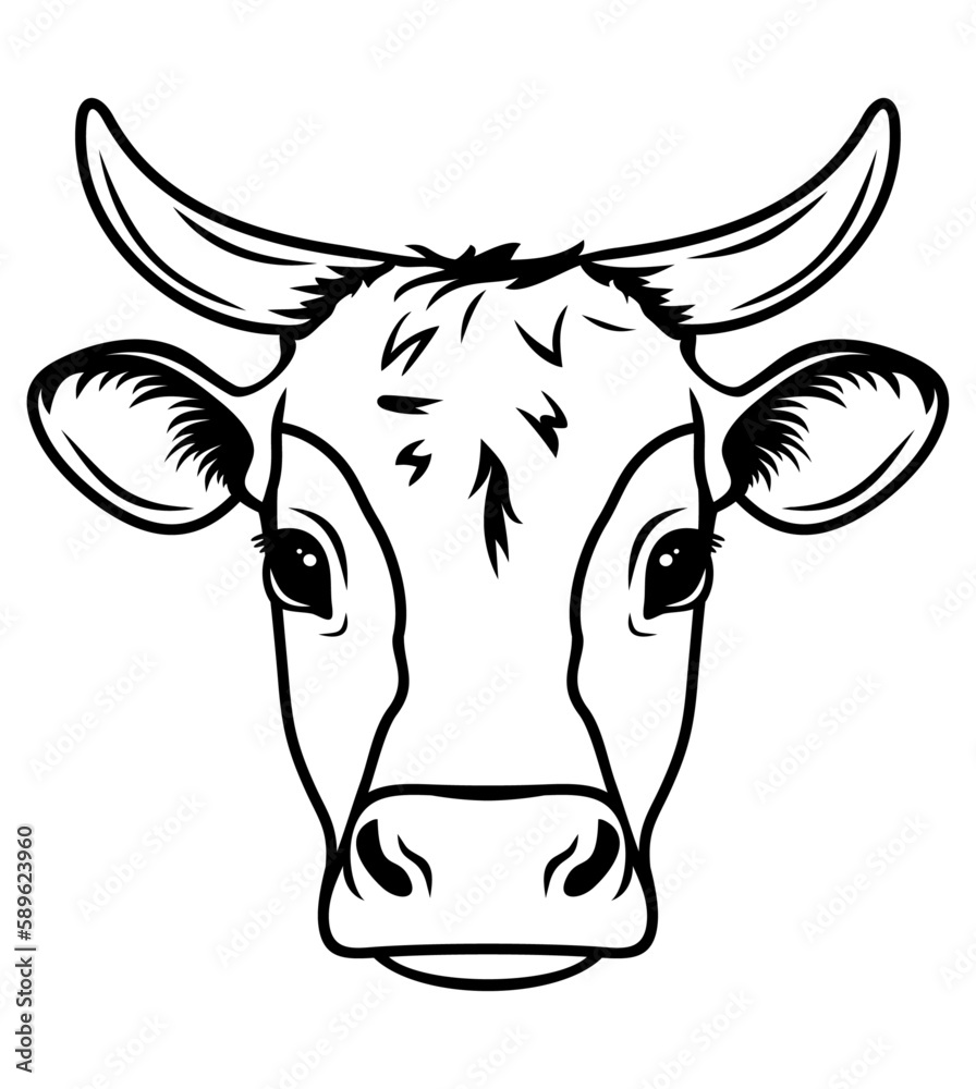Cow head outline. Black vector illustration.