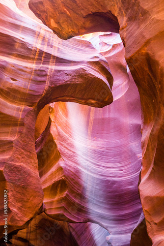 Light beams at Upper Antelope Canyon in the Navajo Reservation Page Northern Arizona. Most visited slot canyon. Rock formation, game of lights.