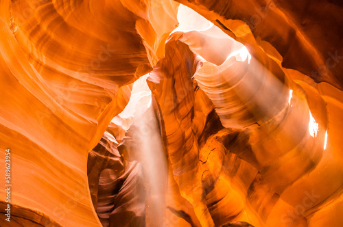 Light beams at Upper Antelope Canyon in the Navajo Reservation Page Northern Arizona. Famous slot canyon. Light showing off the glamorous detail of the ancient spiral rock arches. Rock formation.