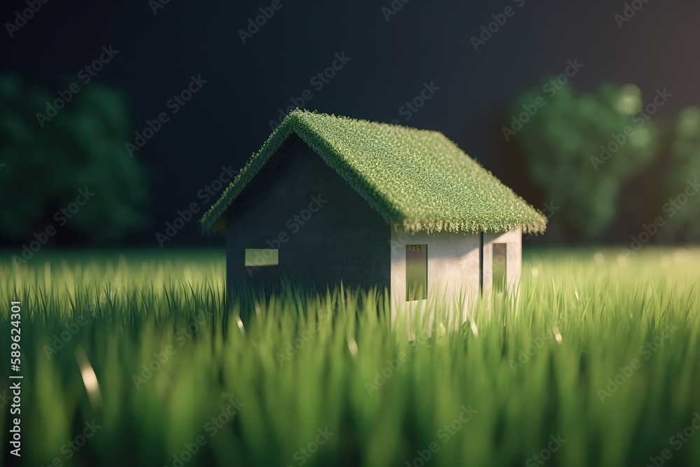 Little Eco House on the green grass. Generative AI