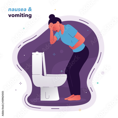 Vector illustration of a woman who stands over the toilet, holding her stomach with her hand. The person experiences nausea and vomiting due to poisoning. A woman with signs and symptoms of pregnancy.