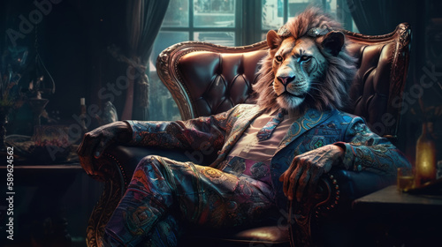 Glamorous dark lion in an expensive suit, the king of beasts, the boss is sitting in a luxurious chair. Created generative AI.
