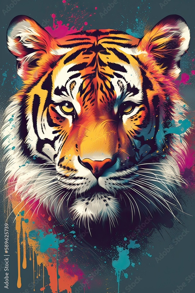 Growling leopard. Abstract, multicolored portrait of a snarling neon leopard on a background. can be used for t-shirt graphics, print. Vector illustration. Generative Ai.
