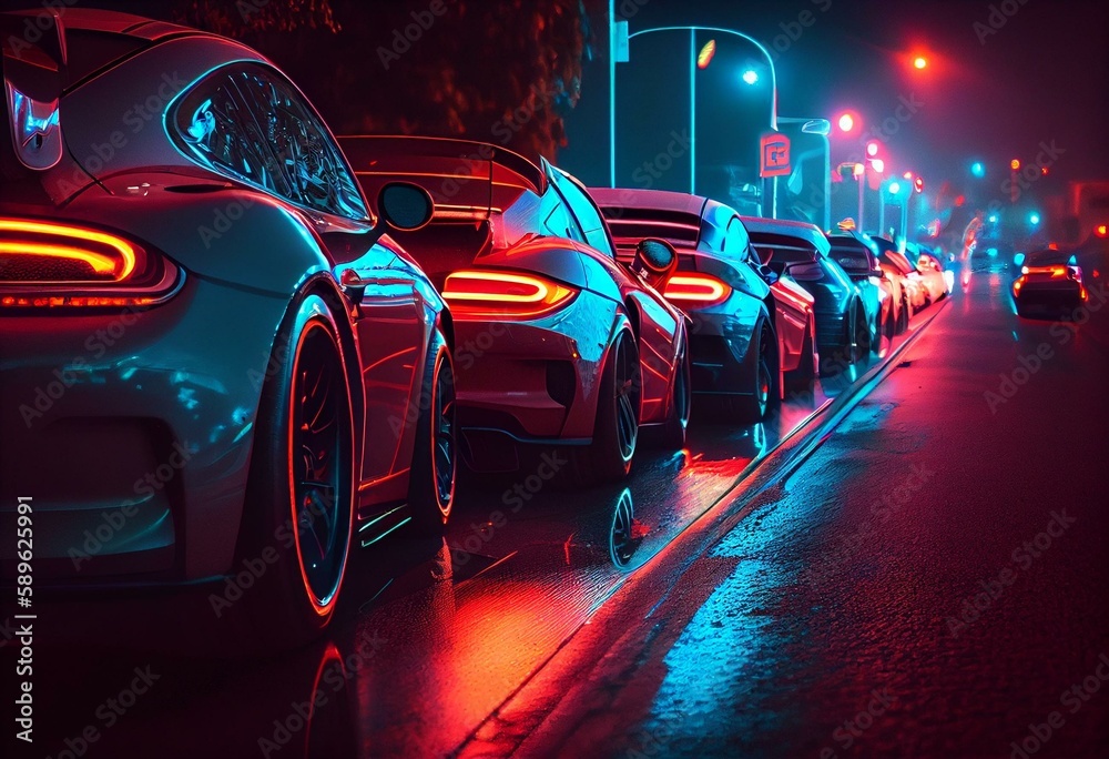 Fast sports cars lined up on a road with neon lights. Generative AI