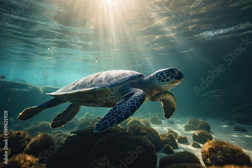 Beautiful Underwater Postcard. Maldivian Sea Turtle Floating Up And Over Coral reef. Loggerhead in wild nature habitat. Generative Ai.