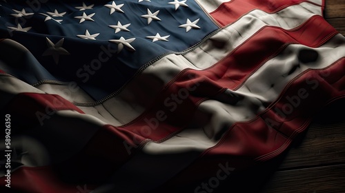 Top view overhead America United States flag, memorial remembrance and thank you of hero, studio shot with copy space on wooden table background, USA holiday or Independence day concept. Generative Ai