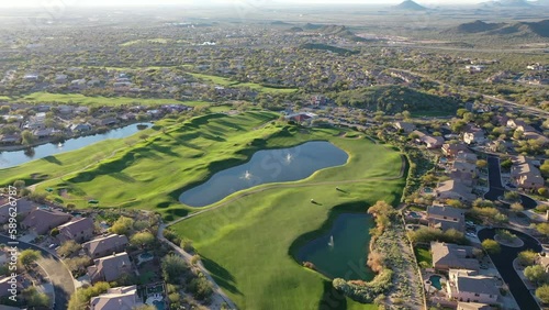 An aerial view of a desert golf corse in the southwestern United States.