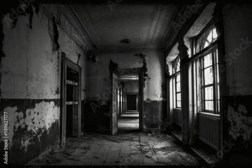 An eerie abandoned asylum  broken windows and rusted metal adorn the exterior  Illustration  black and white ink drawing. Generated AI