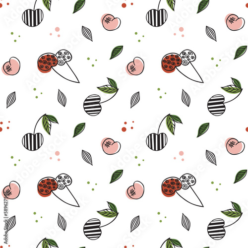 Cherry seamless pattern. Good for textile, wrapping, wallpapers, etc. Sweet red ripe cherries isolated on white background. Vector illustration.