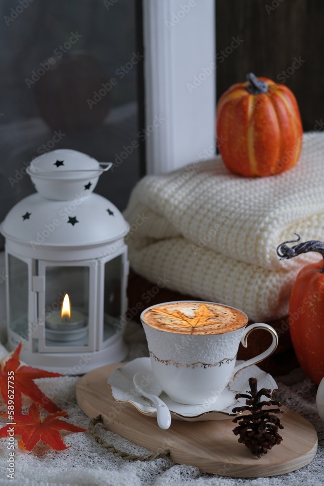 still life a cup of coffee in autumn concept still life a cup of coffee in autumn concept